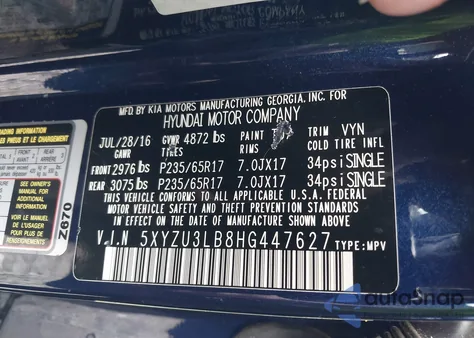 2017 Hyundai Santa Fe Sport 2.4L z USA, uszkodzony, nr VIN 5XYZU3LB8HG447627